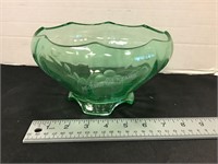 Green Depression Glass Bowl with Etched Design