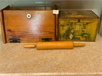 Vintage Metal Bread Box Wooden & Rolling Pin