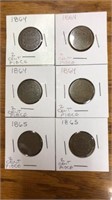 6 2cent piece coins. 4 are 1864, 2 are 1865.