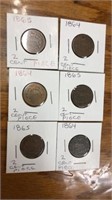 6 2cent piece coins. Half are 1864, half are