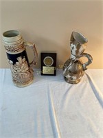 Stein, Plaque, And 2 Vases.