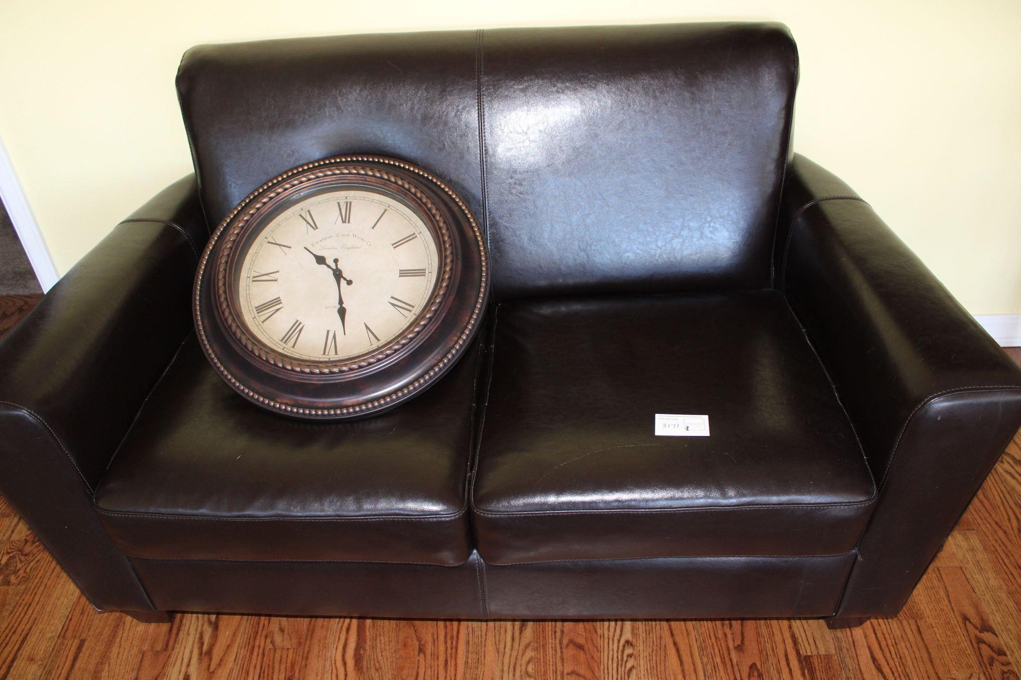 Faux Leather Loveseat and Clock