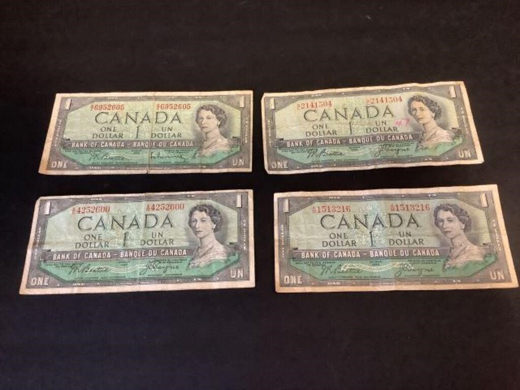 4 Canadian $1 bills 1954
