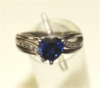 Blue Heart Sapphire & Diamond Chips Sterling Ring