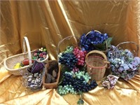 Assorted lot of baskets & faux florals/fruit