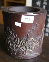 Hardwood brushpot carved with chrysanthemum birds,