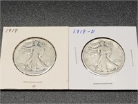 Two 1919 Walking Liberty Half Dollars