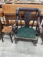 Vintage rush bottom stool, antique rocking chair