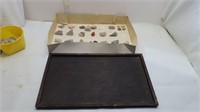 wooden tray, assorted stones