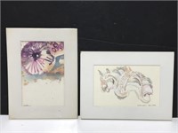 Two signed abstract watercolor art sketches