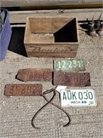 Ice Tongs, Vintage Liscense Plates & Wood Crate