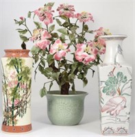 Lot: 3 Pcs.: 2 Asian Vases & Glass Flowers.