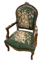 LARGE WALNUT HEAVY CARVED FRENCH NEEDLEPOINT CHAIR