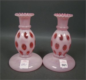 Two Fenton Cranberry Opal Coin Dot Candlesticks