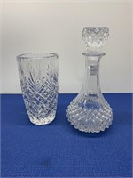 Cut Glass Vase 8” , Cut Glass Decanter 10.5” h