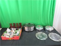 Crock pot, cake pans, glassware