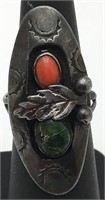 Sterling Silver, Coral & Green Stone Ring