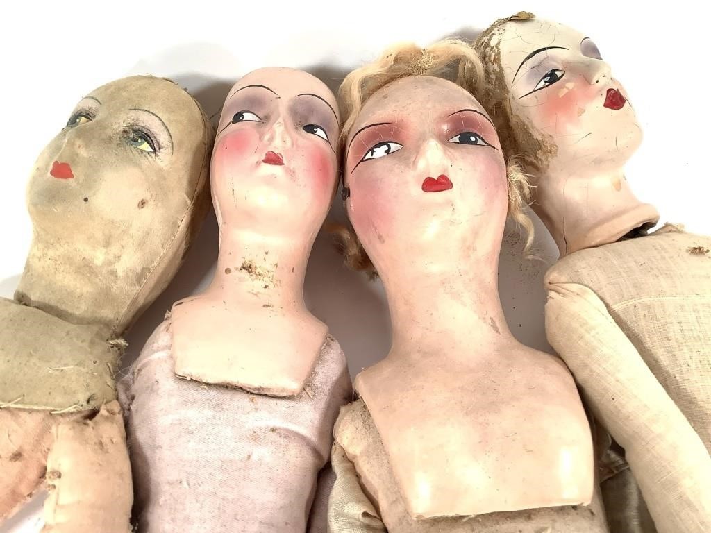 4 Boudoir / Bed Dolls ca.1920s+ Cloth, Composite