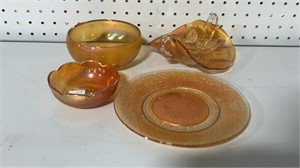 Carnival Glass Plate, Two Bowls, Candy Dish