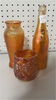 Carnival Glass Bottle and Two Vases