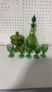 Green Glass Decanter, Five Glasses, Candy Dish
