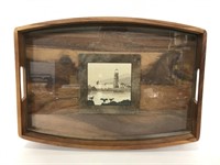 Wooden tray w/ cross stitch lighthouse & glass top