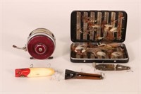 Box of fishing flies, 3 fishing lures & Open-o-m
