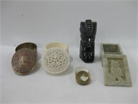 Carved Stone Statue & 3 Lidded Trinket Boxes