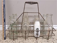 Antique Wire Milk Bottle Crate w Local Bottles