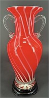 MCM Murano Red White Swirl Vase On Fenton Base