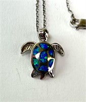 18" Sterling Blue Opal Turtle Necklace 3 Grams