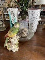 Parrot Statue, 2 Vases, Misc Items