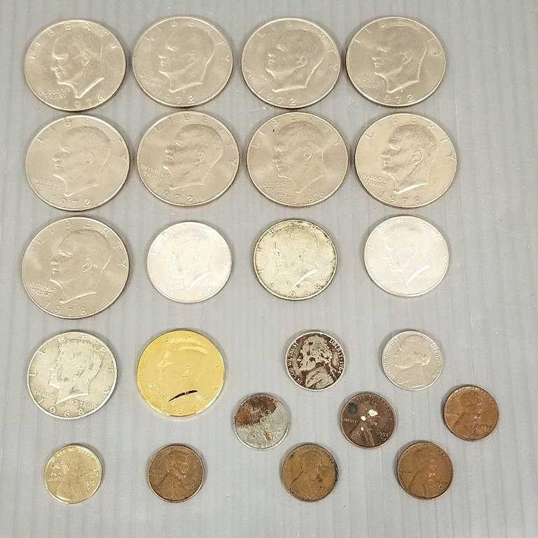 Group of U.S. coins including 9 Eisenhower dollars