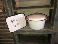 RED RIMMED ENAMELWARE POT W/LID