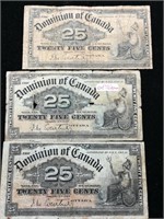 (3) 1900 Dominion of Canada 25c Bills