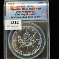 2013 CANADA $5 MS69 ANACS SILVER MAPLE LEAF 25TH