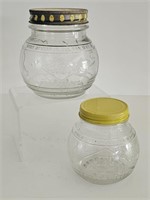 TWO VINTAGE JFG PEANUTBUTTER JARS WITH LIDS