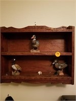 DUCK FIGURINES AND FLOWER CARVED WOOD SHELF