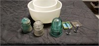 Salt and peppers, mixing bowls and insulators