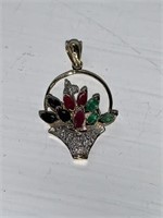 Sapphire, Ruby And Emerald (floral Basket) Pendant