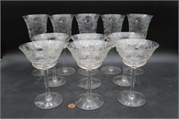 Set 11 Vintage Etched Floral Martini, Wine Stems