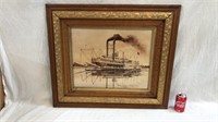 Antique oak framed print of a steamboat 27 inches