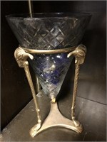 Brass ram's head candle holder w glass vase