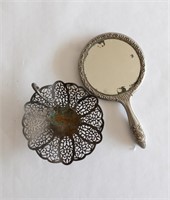 Vintage Hand Held Mirror & Small Tray