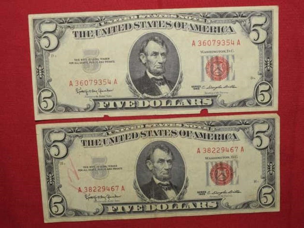 (2) 1963 $5 U.S.Notes  Red Seals Granahan/Dillon