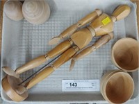 Wooden Jointed Figure & Various Bowls
