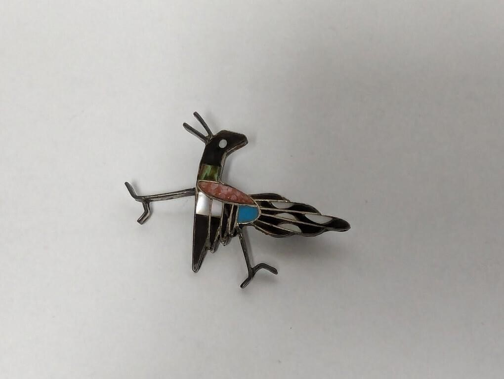 .925 Sterling Zuni Inlay Roadrunner Brooch