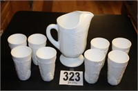 Milk Glass Pitcher & Eight Coolers