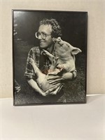 Vintage metal framed farmer & pig printed photo