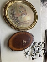 Wooden clock, metal leaves, cottage picture